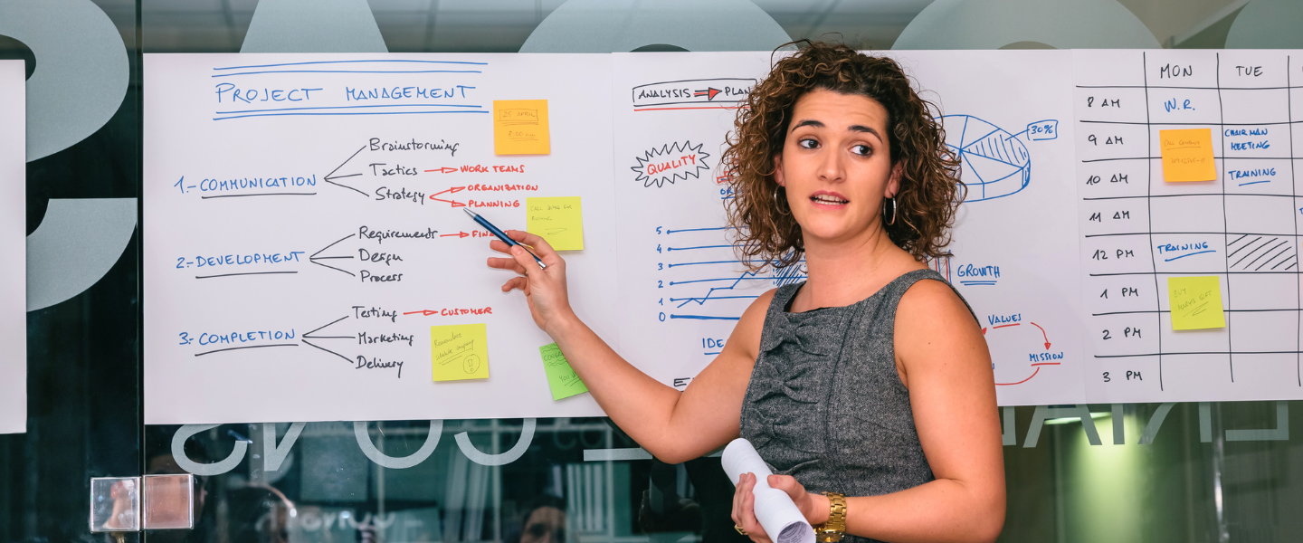 An instructor teaching a project management class using a whiteboard