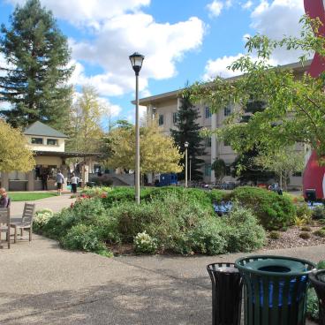 View of the Stevenson Quad showing the Bacon and Eggs sculpture